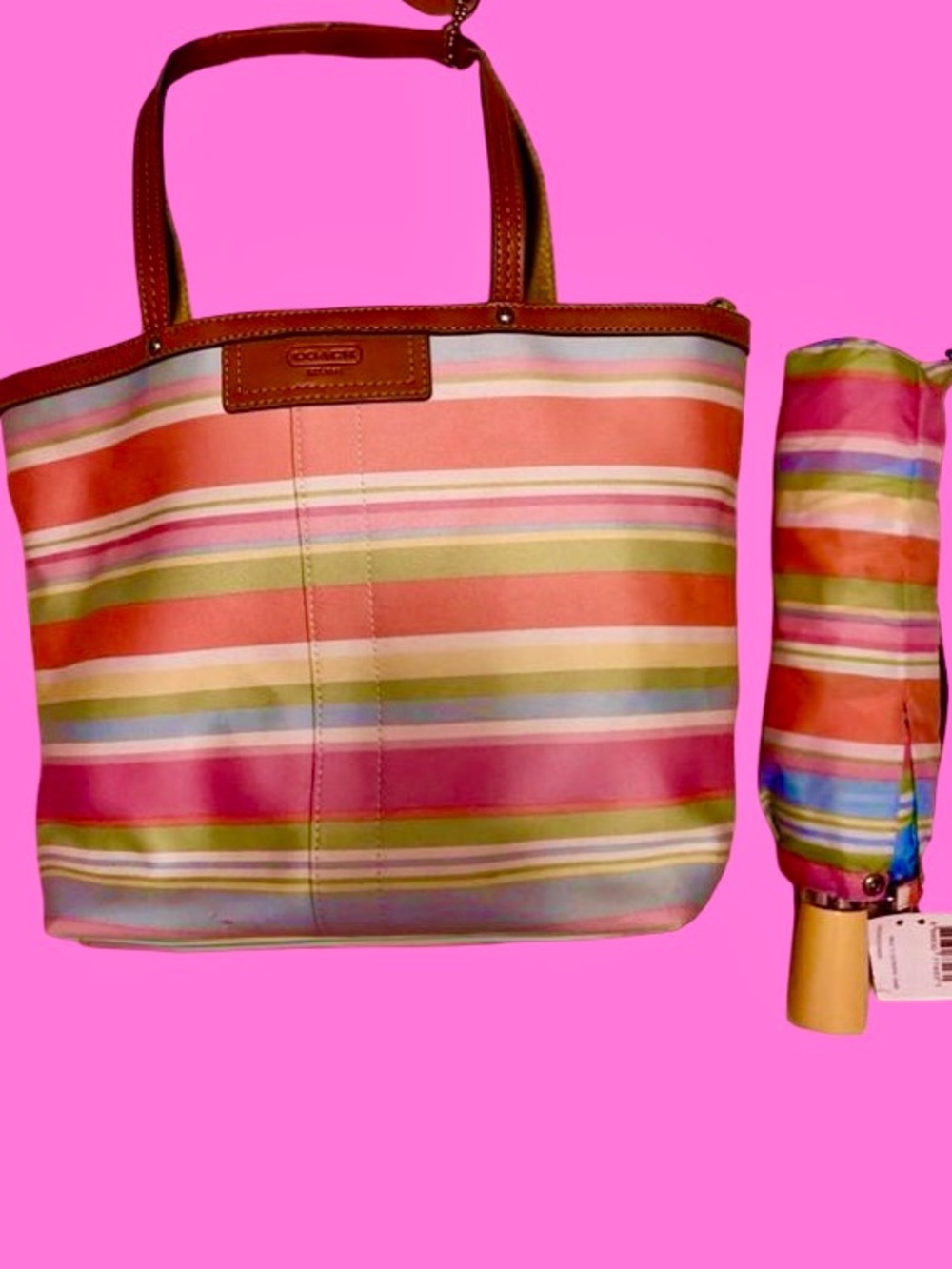 Coach Hampton Pastel Stripe Reversible Graffiti Canvas Purse Tote Bag Y2K - Picture 1 of 4